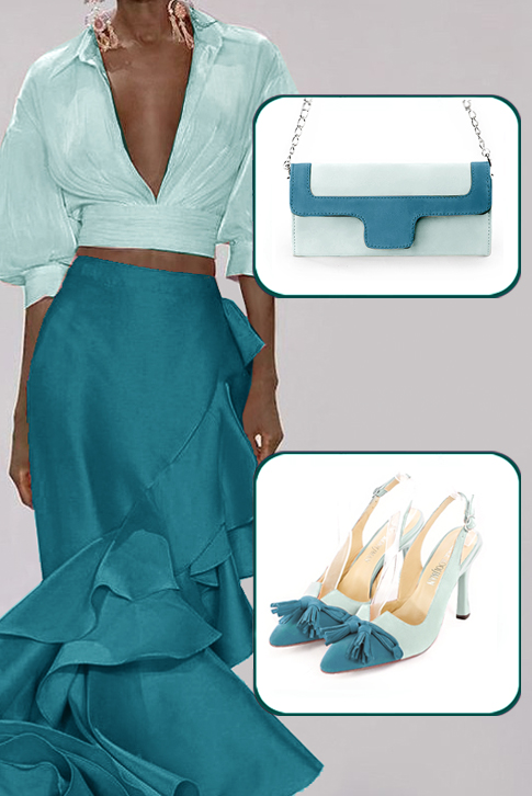 Women's peacock blue and aquamarine blue elegant slingback heels, with a bow on the front. Tapered toe. High spool heels - Top view